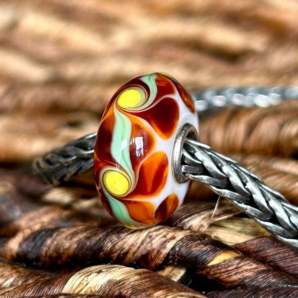 TROLLBEADS Brown Amber & Light Green Large Swirl w Yellow Dots LAA 925S NEW!